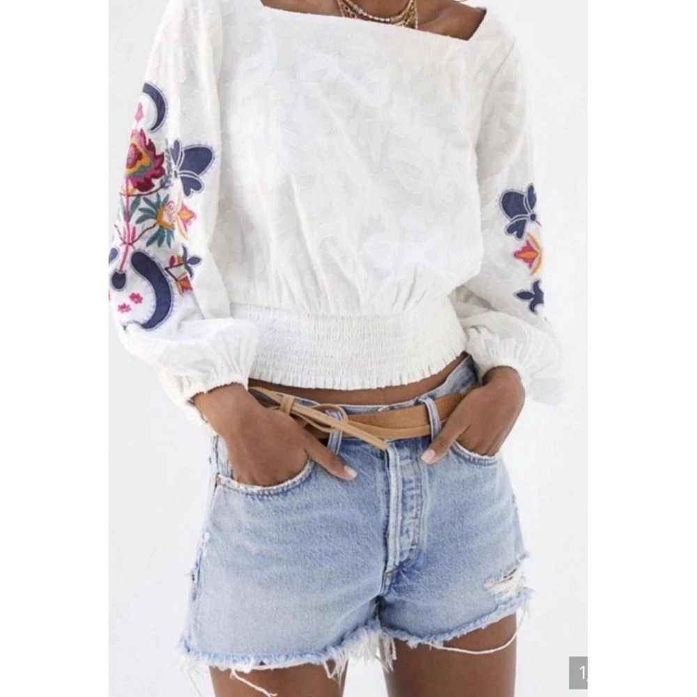 Anthropologie White Embroidered Puff Sleeve Crop Blouse Top Boho Smocked S Small
